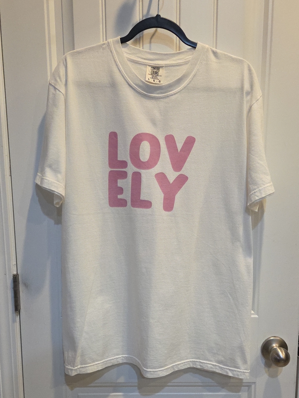 Comfort Colors White Tee with Pink "LOVELY" Graphic - Women's Short Sleeve